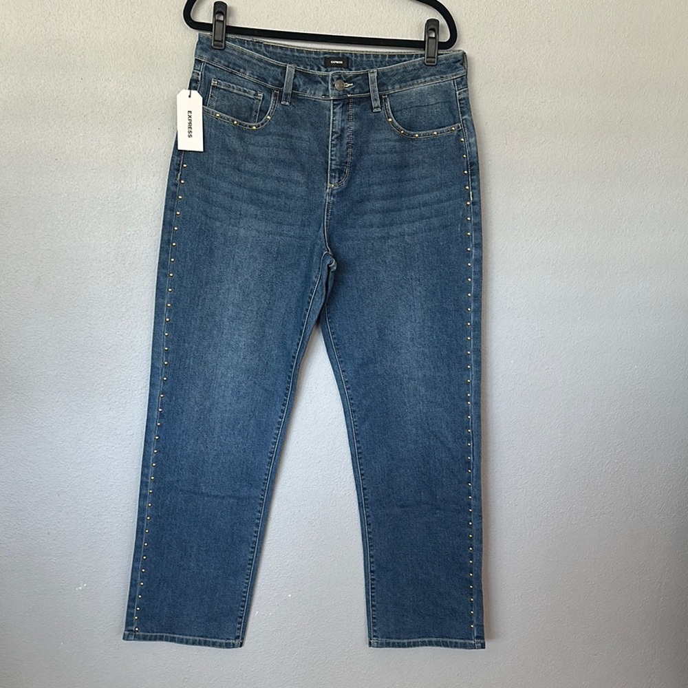 Express Wide Leg Women’s Stud-Trim Blue Denim Jeans